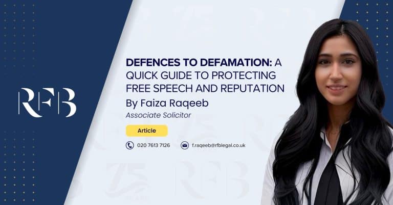 Image de couverture de l'article 'Défenses contre la diffamation : Un guide rapide pour protéger la liberté d'expression et la réputation' par l'avocat Faiza Raqeeb